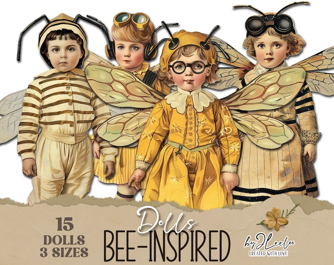 BEE-INSPIRED DOLLS paper doll printable junk journal cut off | Paper Dolls journaling supplies Hand-drawn | mini fussy cut digital | pp808