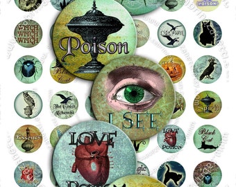 May include: A set of 20 round, colorful, vintage-style bottle cap images with various designs. The designs include a black cat, a skull and crossbones, an eye, a heart, a crow, a witch, a potion bottle, a beetle, and more. The images are perfect for crafting, scrapbooking, or adding a touch of vintage charm to any project.