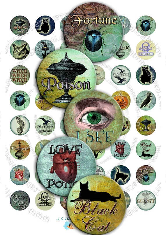 Digital collage CIRCLES MAGIQUE 1 inch circle for spooky halloween pendant and craft instant download printable tn121