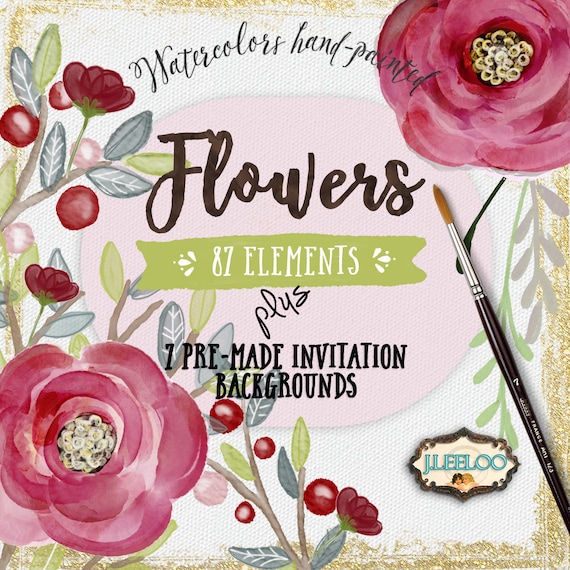 FLOWERS Digital watercolors clipart watercolors png jpg for scrapbooking invitations labels cards papers instant hand painted wa109