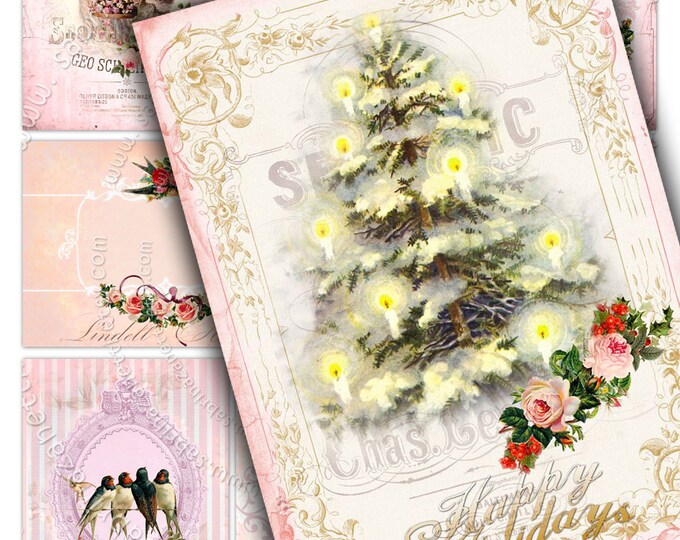 X-MAS CARDS printable gift label holidays cards  deer pink hang tag Digital collage sheet instant collage background ac255