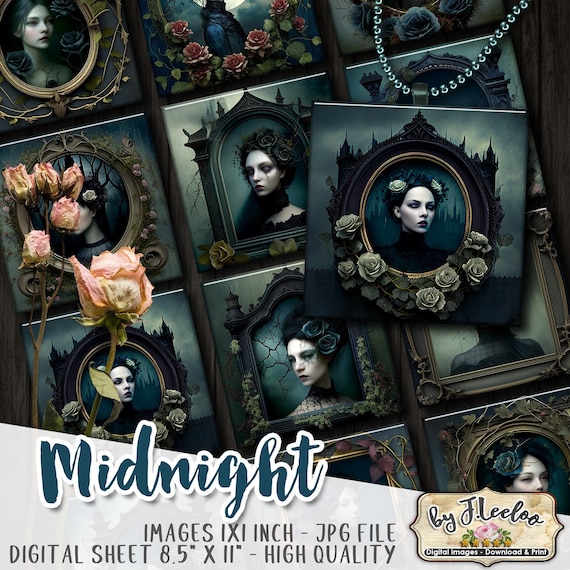 MIDNIGHT 1x1 inch gothic printable | melanconic dark woman digital | witches amulet | victorian flower vintage | instant download qu552
