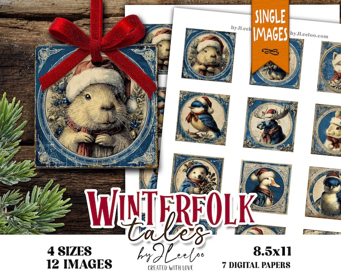 WINTERFOLK TALES – square Christmas animal portraits, vintage blue holiday art, 12 images in 4 sizes – qu635
