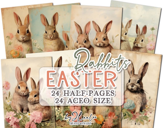 EASTER RABBITS half pages print for spring junk journal Mixed Media | Hand-drawn painting supplies card collage diary stationery | pp694