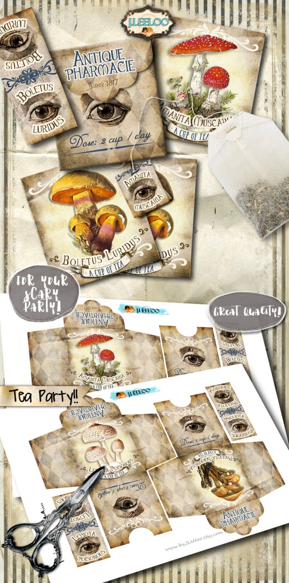 POISONOUS TEA printable tea bag holder envelopes apothecary fungi party Halloween instant download printable digital collage sheet pp351