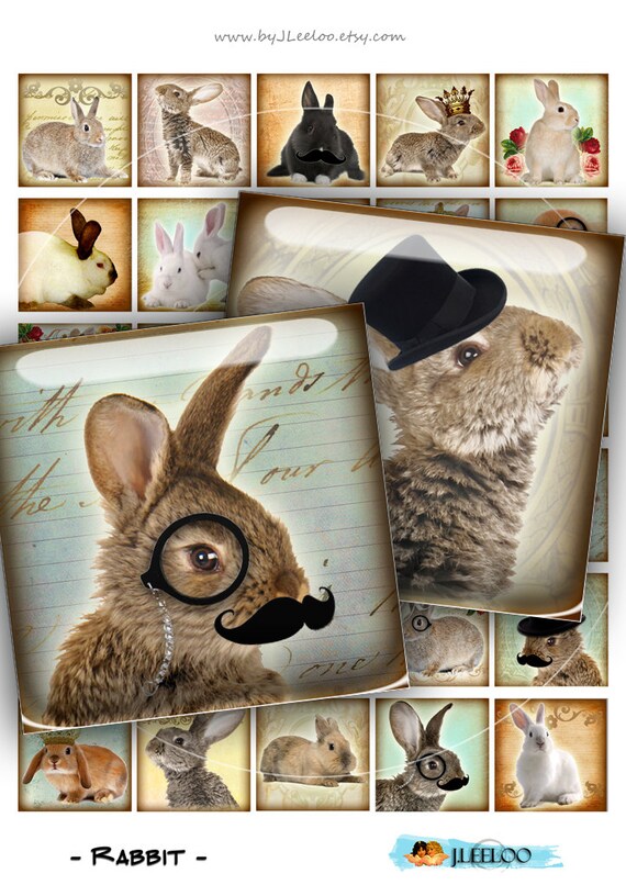 Digital sheet RABBIT 1.5x1.5 square top hat mustache crown altered for jewelry pendant clipart magnet instant download printable qu190