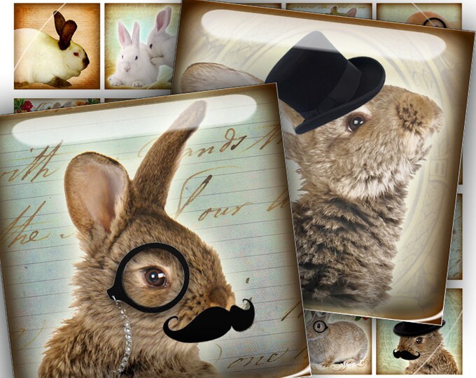 Digital sheet RABBIT 1.5x1.5 square top hat mustache crown altered for jewelry pendant clipart magnet instant download printable qu190