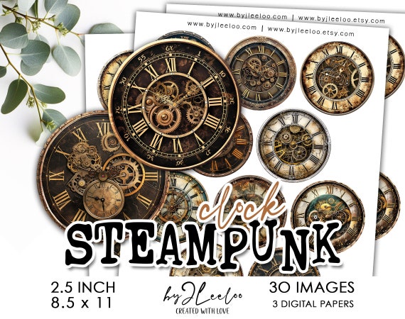 STEAMPUNK CLOCK 2.5 inch fussy cut illustration | Vintage supplies round pendants charm sticker pin magnet pin journal printable art | tn767