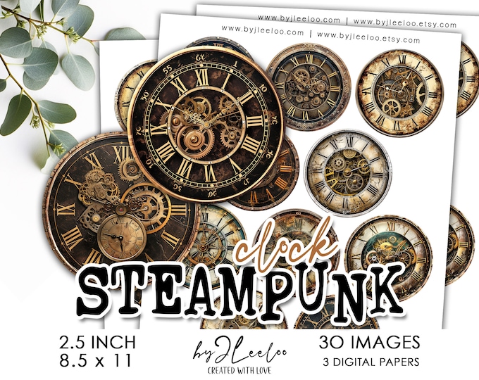 STEAMPUNK CLOCK 2.5 inch fussy cut illustration | Vintage supplies round pendants charm sticker pin magnet pin journal printable art | tn767