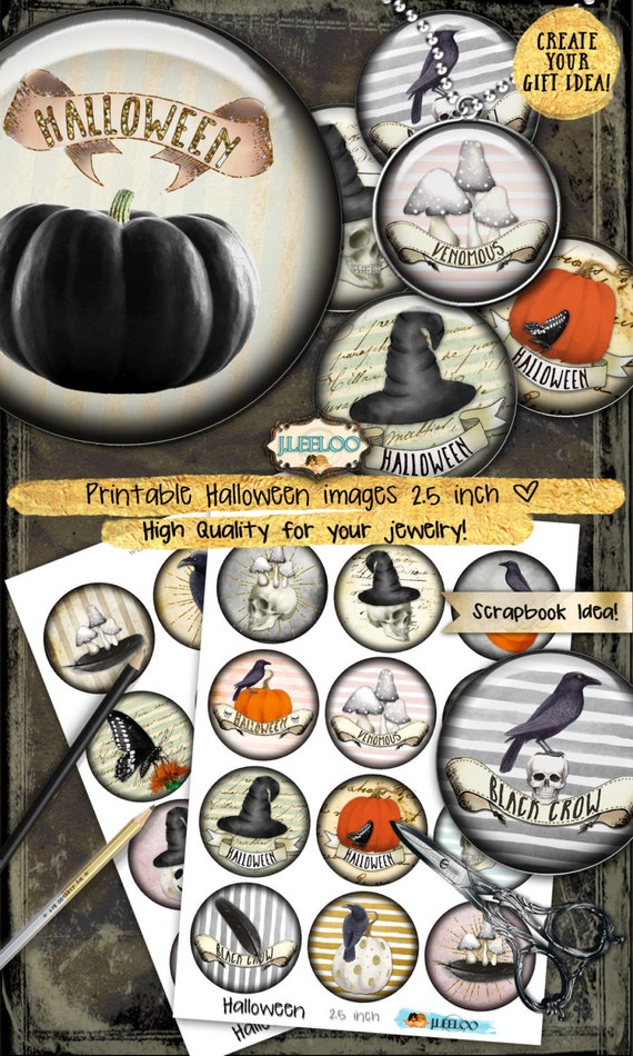 HALLOWEEN 2.5 inch circle Digital Download printable images for glass or resin pendants magnets bottle caps bezel trays cabochon tn496