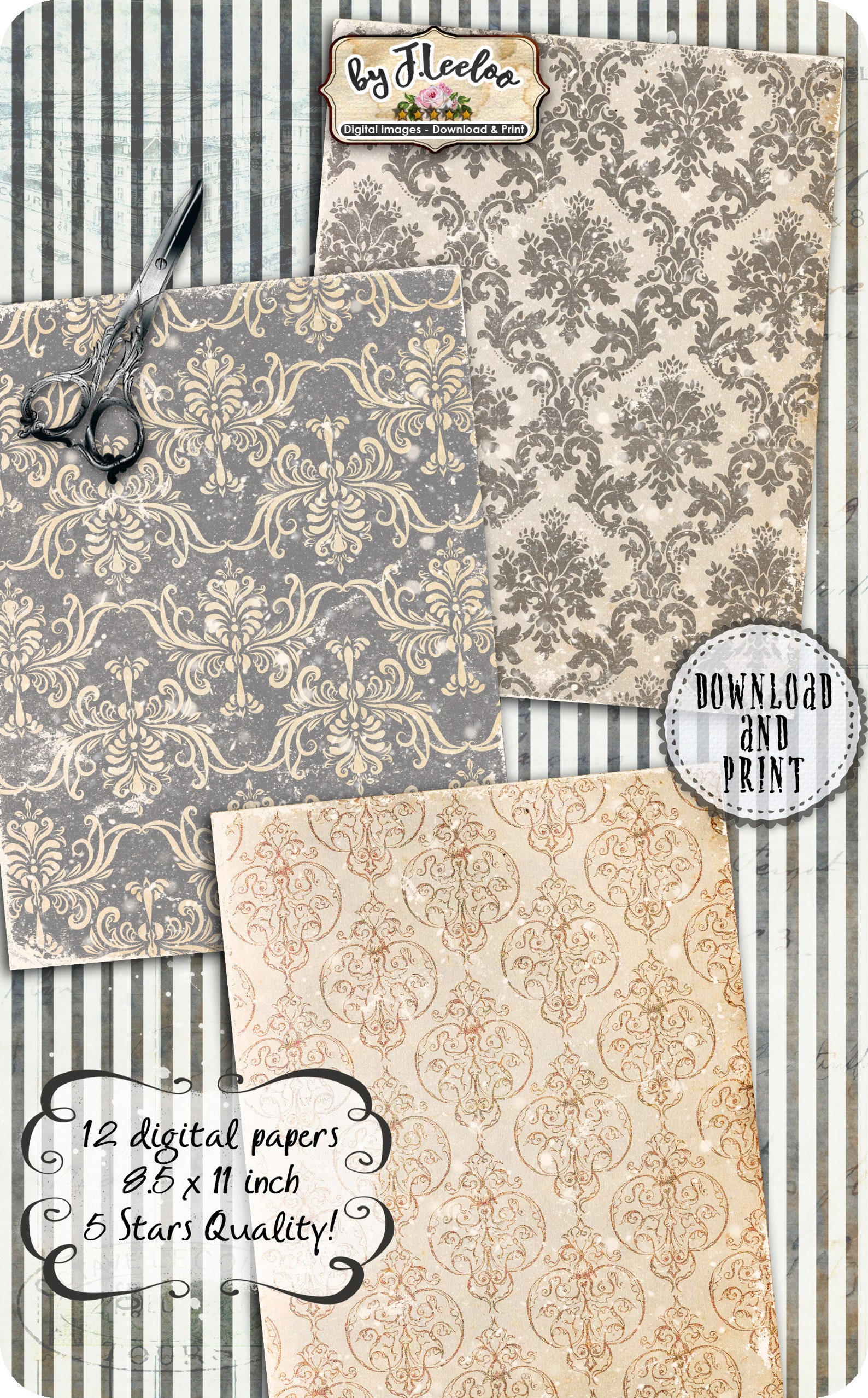GRUNGY FLOWERS Papers for Journals Layered Set Damask Pattern Printable ...