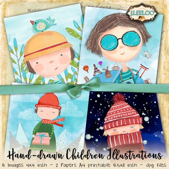 CHILDREN ILLUSTRATION 4x4 inch square digital collage sheet paper hand-drawn coaster magnet stickers instant download printable qu476