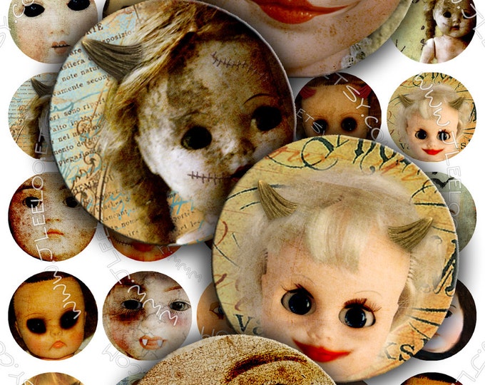 Digital paper CREEPY DOLL 1.5 inch circle scary horror halloween pendants magnet stickers pendant craft instant download printable tn177