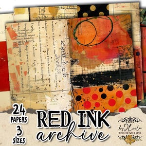 May include: A collection of textured papers with a vintage aesthetic. The papers feature red, orange, black, and cream tones with handwritten text and abstract designs. The text "RED INK archive" is displayed prominently.
