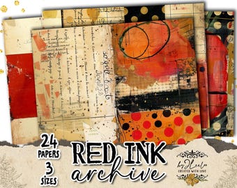 May include: A collection of textured papers with a vintage aesthetic. The papers feature red, orange, black, and cream tones with handwritten text and abstract designs. The text "RED INK archive" is displayed prominently.