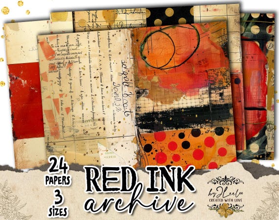 RED INK ARCHIVE – 24 Vintage Abstract Collage Papers in 3 Sizes | Red Black Ephemera for Junk Journals, Scrapbooks Crafts Mixed Media| pp984