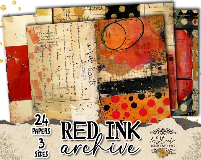 RED INK ARCHIVE – 24 Vintage Abstract Collage Papers in 3 Sizes | Red Black Ephemera for Junk Journals, Scrapbooks Crafts Mixed Media| pp984