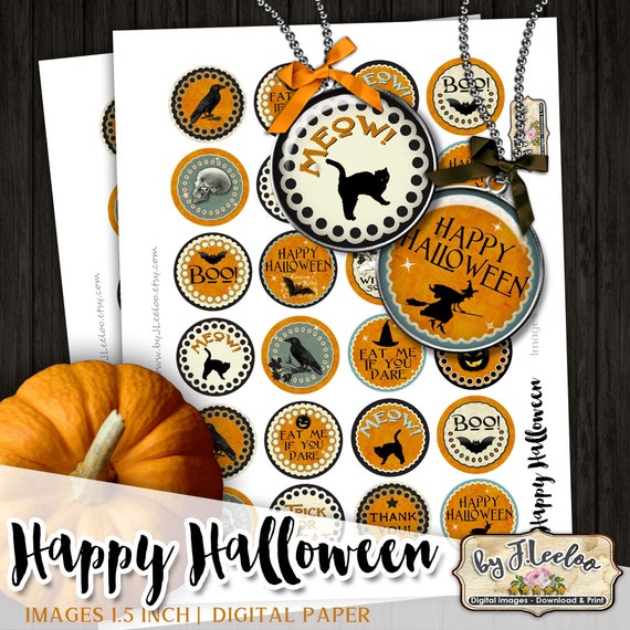 HAPPY HALLOWEEN Digital party spooky Download printable images for glass or resin pendants magnets bottle caps bezel trays cabochon tn623