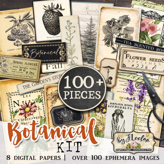 BOTANICAL KIT scrapbook paper junk journal digi kit digital junk tags ads journal ephemera vintage collage labels journaling cards pp570