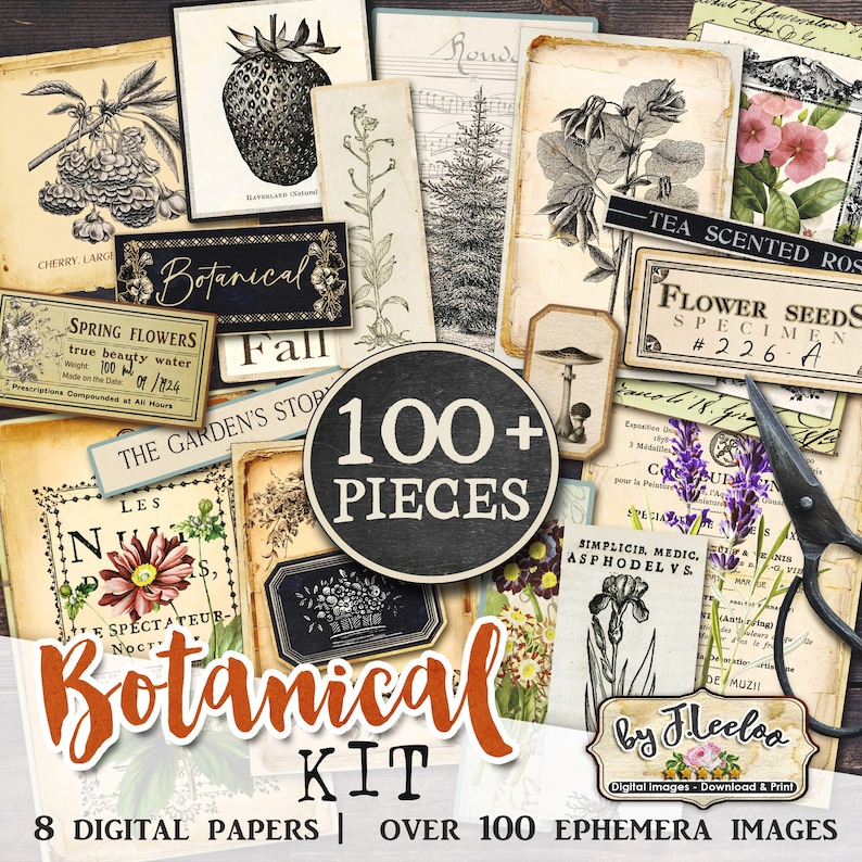 K&ouml;nnte beinhalten: Ein digitales Scrapbooking-Set mit &uuml;ber 100 botanischen Bildern und 8 digitalen Papieren. Das Set enth&auml;lt Bilder von Blumen, Bl&auml;ttern, Pilzen und anderen nat&uuml;rlichen Elementen. Der Text "Botanical Kit" ist in einer gro&szlig;en, orangen Schrift dargestellt.