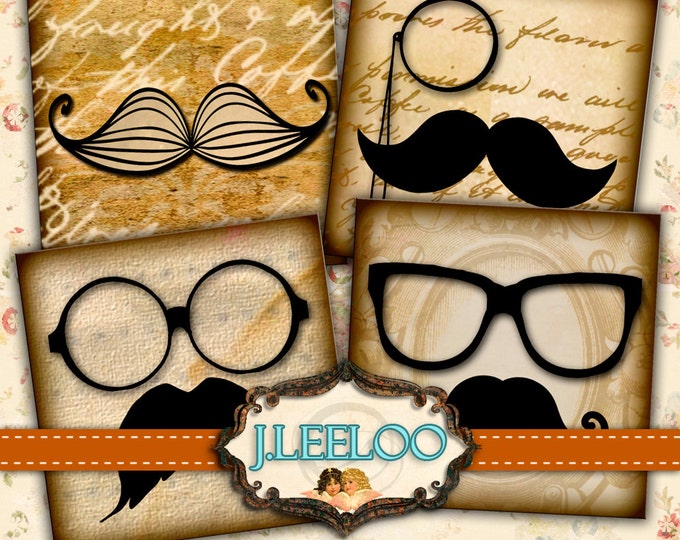 Digital collage MUSTACHE 4x4 inch square images for coaster jewelry hang tags magnet greeting cards instant download printable tn382