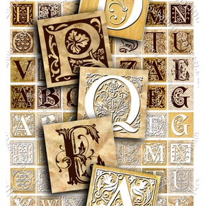 Digital printable RETRO ALPHAS 1 inch square vintage paper goods initial for jewellery pendant clipart instant download collage qu196