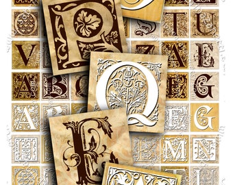 May include: A set of 26 alphabet letter tiles with ornate designs in brown, white, and gold. The letters are in a vintage style with a distressed background.