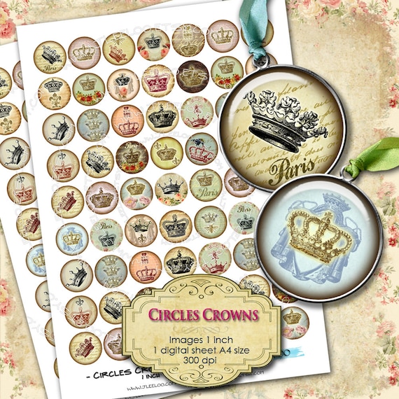 Digital collage CIRCLES CROWNS 1 inch circle victorian royal paris france for pendant magnet and craft instant download printable tn119