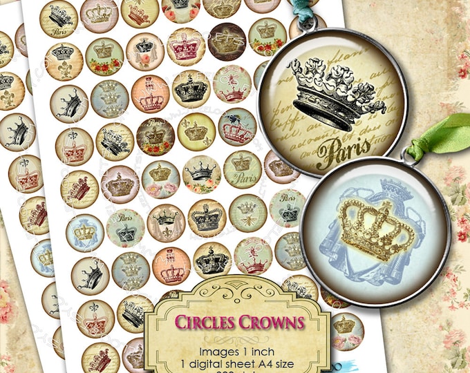 Digital collage CIRCLES CROWNS 1 inch circle victorian royal paris france for pendant magnet and craft instant download printable tn119