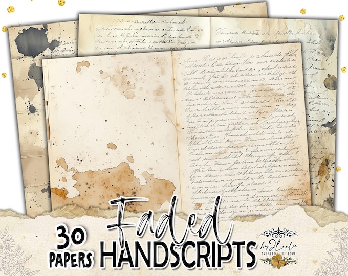 FADED HANDSCRIPTS Vintage Journal Pages, Distressed Archival Papers for Junk Journal, Mixed Media Manuscript grunge style | ppK26