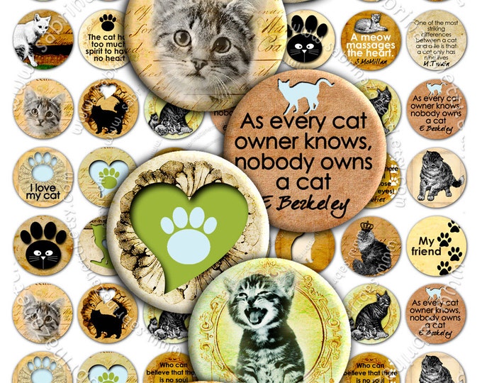 Digital collage sheet MY CAT 1 inch circle puppies pets vintage romantic for pendant craft instant download printable tn139