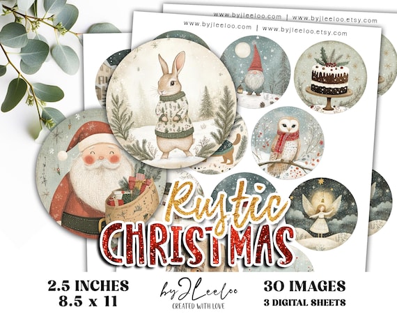 RUSTIC CHRISTMAS 2.5 inch printable illustration | for Pendant Decor Labels Stickers, Winter Folk Illustration for Journal digital | tn839