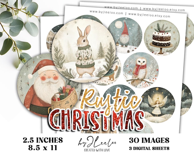 RUSTIC CHRISTMAS 2.5 inch printable illustration | for Pendant Decor Labels Stickers, Winter Folk Illustration for Journal digital | tn839