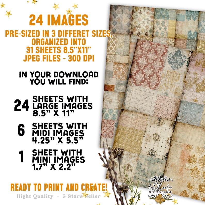 May include: Digital paper pack featuring 24 images in three sizes, including 8.5" x 11" sheets. The pack includes 31 sheets of JPEG files at 300 DPI. The design features a patchwork pattern in muted tones of beige, brown, and blue, with floral and damask motifs.