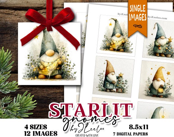 STARLIT GNOMES square watercolor christmas gnome art, 4 sizes for coasters jewelry crafts junk journals scrapbooking printables | qu637