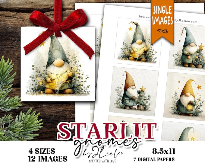 STARLIT GNOMES square watercolor christmas gnome art, 4 sizes for coasters jewelry crafts junk journals scrapbooking printables | qu637