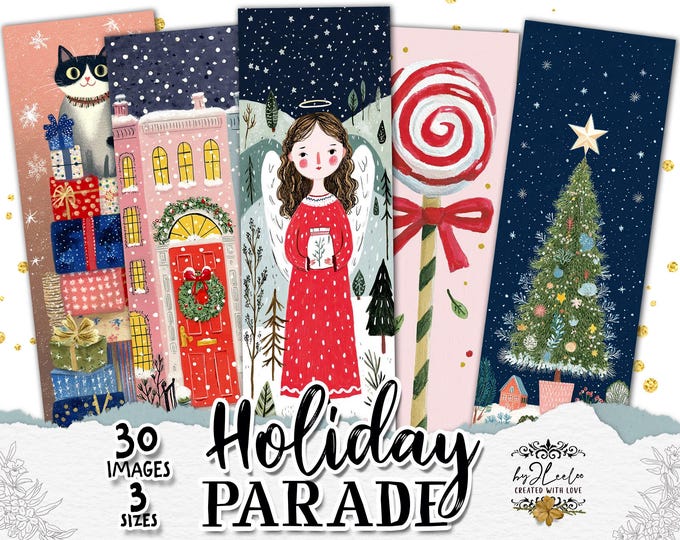HOLIDAY PARADE festive illustrated Christmas bookmarks, whimsical winter characters and gifts for journals, planners & crafts | bm140