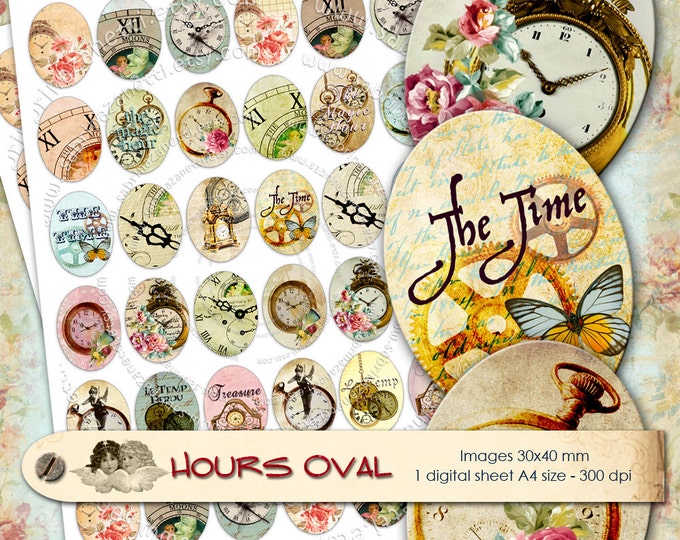 HOURS OVAL printable oval Steampunk Digital collage sheet for oval pendants instant download  pasper craft vintage ephemera ov101