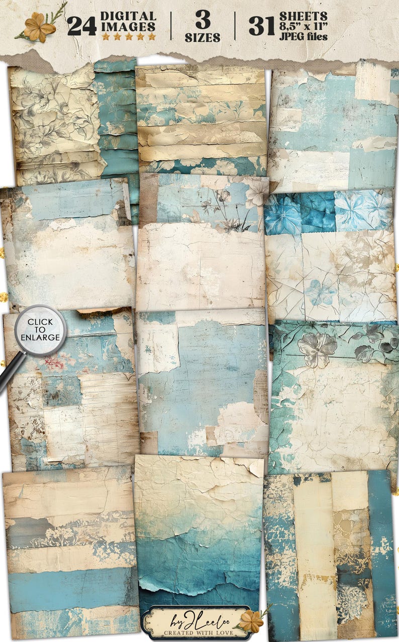 BLUE COLLAGE 24 Papers 3 Sizes | Junk Journal Distressed Pages ...