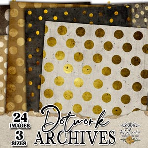 Könnte beinhalten: Eine Sammlung von gemusterten Papierbögen mit Vintage-Ästhetik. Die Designs zeigen verschiedene Punktmuster in Gold-, Weiß- und Brauntönen. Der Text auf dem Bild lautet "Dotwork Archives" mit Details zur Anzahl der Bilder und Größen.