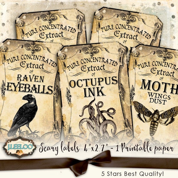 SCARY LABELS 4 x 2.7 inch Digital collage sheet gothic apothecary journal craft art diary scrapbook instant download printable tl194