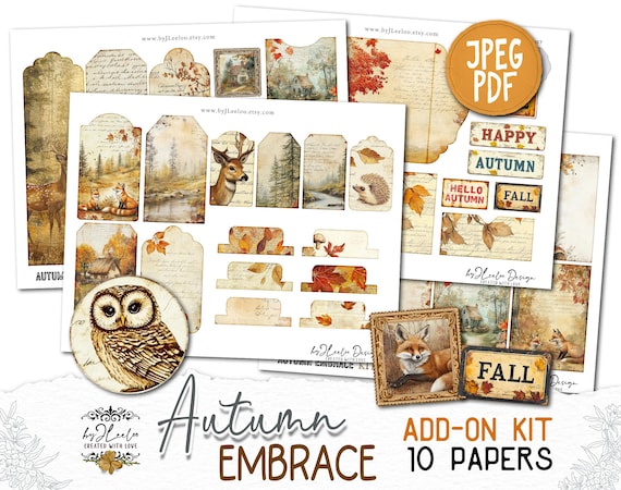 AUTUMN EMBRACE Add-On Kit Junk Journal Pages printable | Fall season Collage Kit scrapbook vintage ephemera supplies | Fussy cut CU | pp856