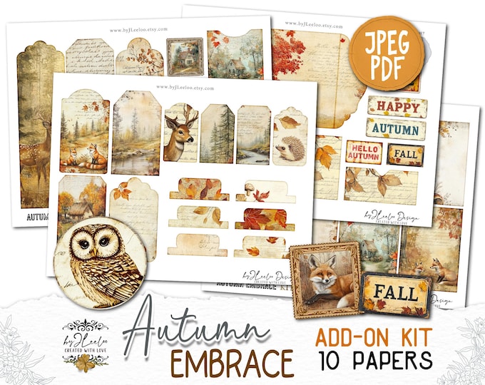 AUTUMN EMBRACE Add-On Kit Junk Journal Pages printable | Fall season Collage Kit scrapbook vintage ephemera supplies | Fussy cut CU | pp856