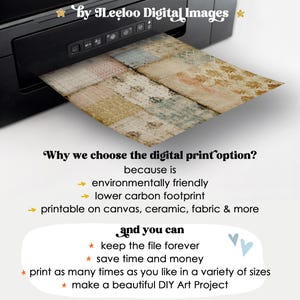 May include: A black printer printing a patterned design on paper. The text on the image says, "Why we choose the digital print option?" and lists benefits like being environmentally friendly and printable on various materials.