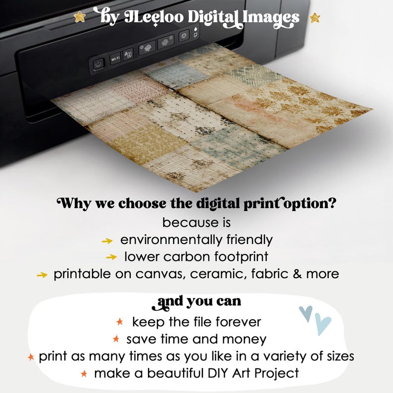 May include: A black printer printing a patterned design on paper. The text on the image says, "Why we choose the digital print option?" and lists benefits like being environmentally friendly and printable on various materials.