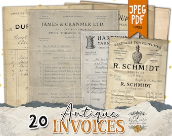 ANTIQUE INVOICES Digital Printable Vintage Invoices for Scrapbooking, Junk Journals & Mixed Media | Old Receipts Ephemera Kit CU | pp941