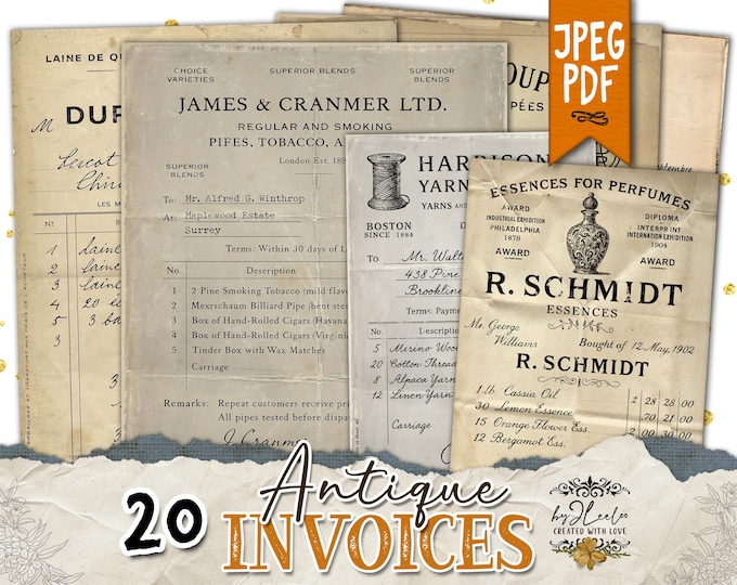 ANTIQUE INVOICES Digital Printable Vintage Invoices for Scrapbooking, Junk Journals & Mixed Media | Old Receipts Ephemera Kit CU | pp941