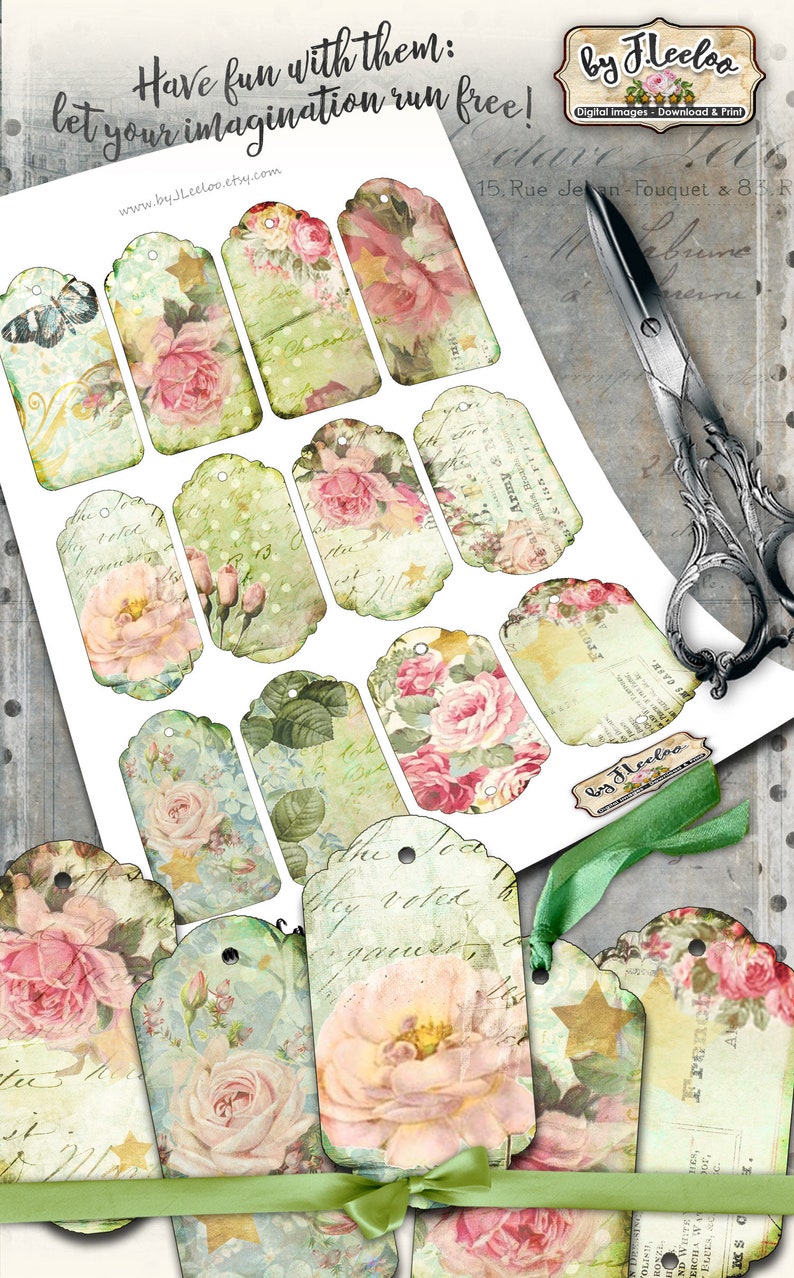 SMALL TAGS Digital French Shabby Chic Roses Paper Goods for - Etsy