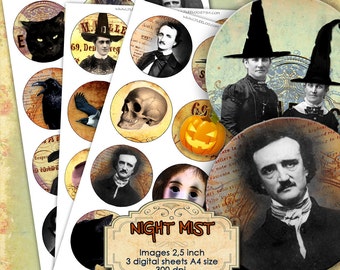 Digital collage sheet NIGHT MIST 2.5 inch circle poe raven scary halloween pendants magnet stickers craft instant download printable tn202