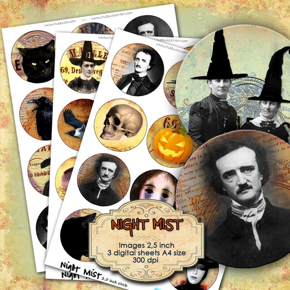 Digital collage sheet NIGHT MIST 2.5 inch circle poe raven scary halloween pendants magnet stickers craft instant download printable tn202
